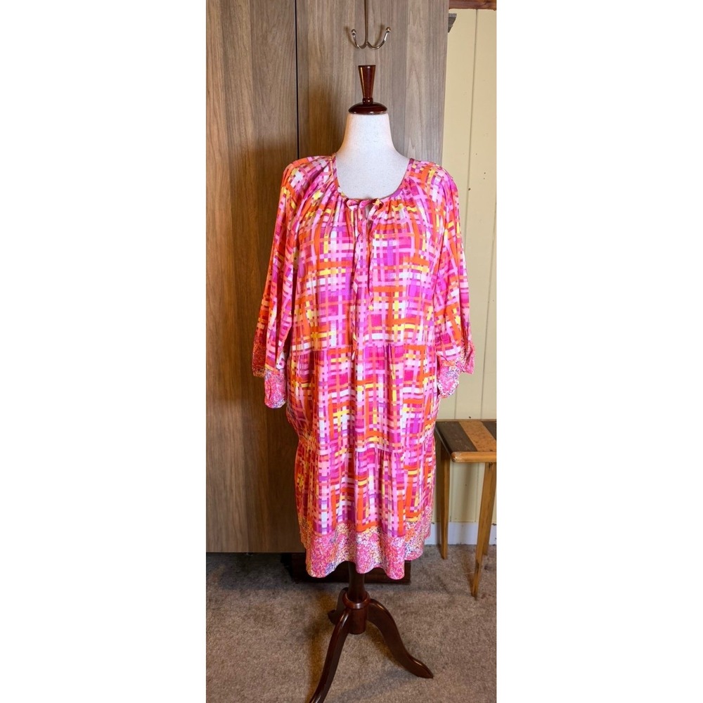 466. Isaac Mizrahi Live Pink  Abstract Geometric Tiered Midi Dress Resort 4XP - Picture 2 of 6
